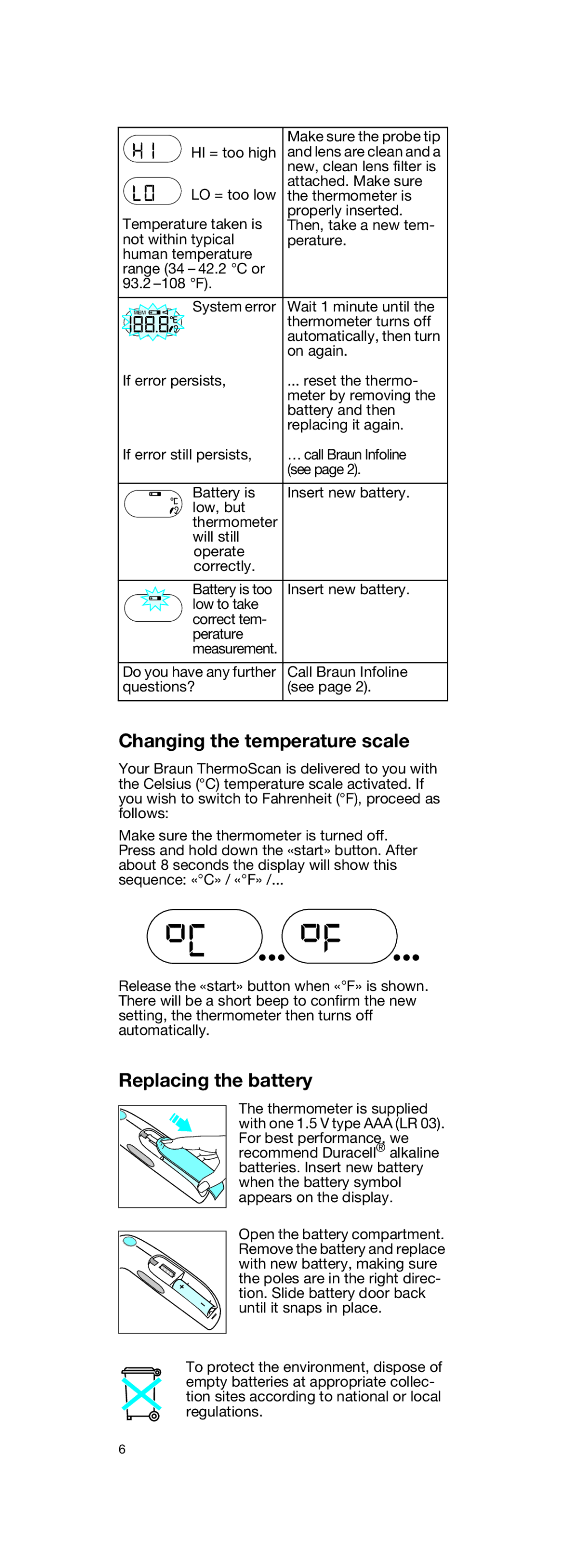 Braun IRT3020 manual Changing the temperature scale, Replacing the battery 