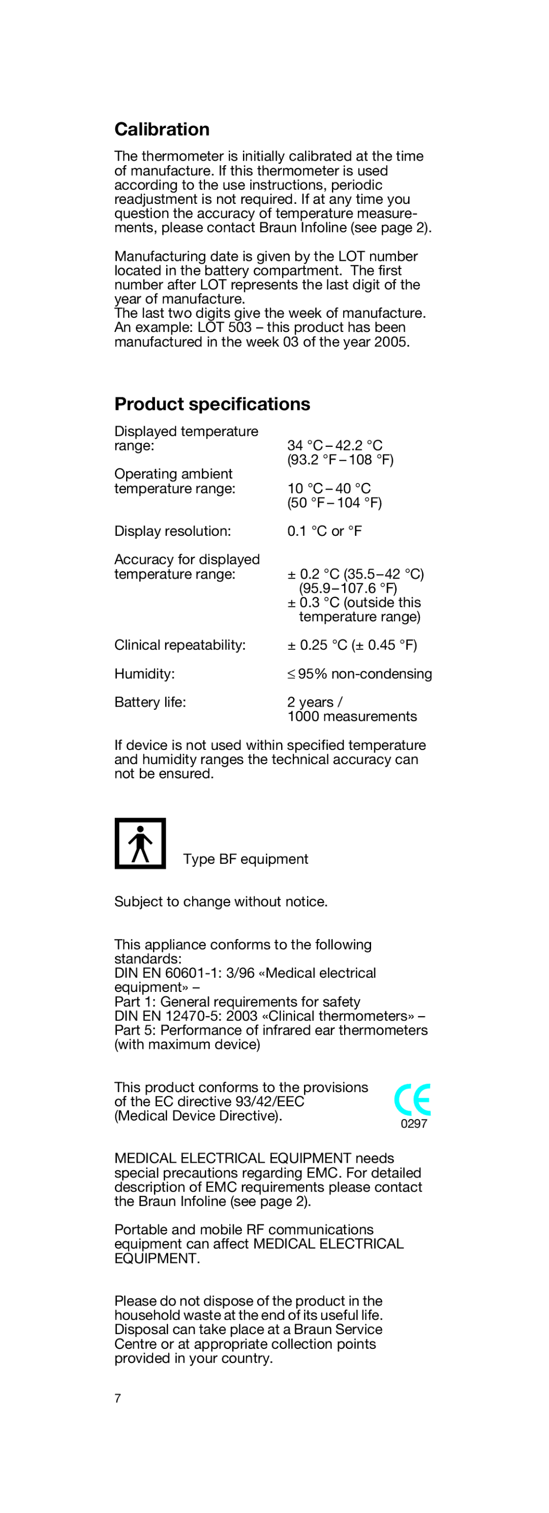 Braun IRT3020 manual Calibration, Product specifications 