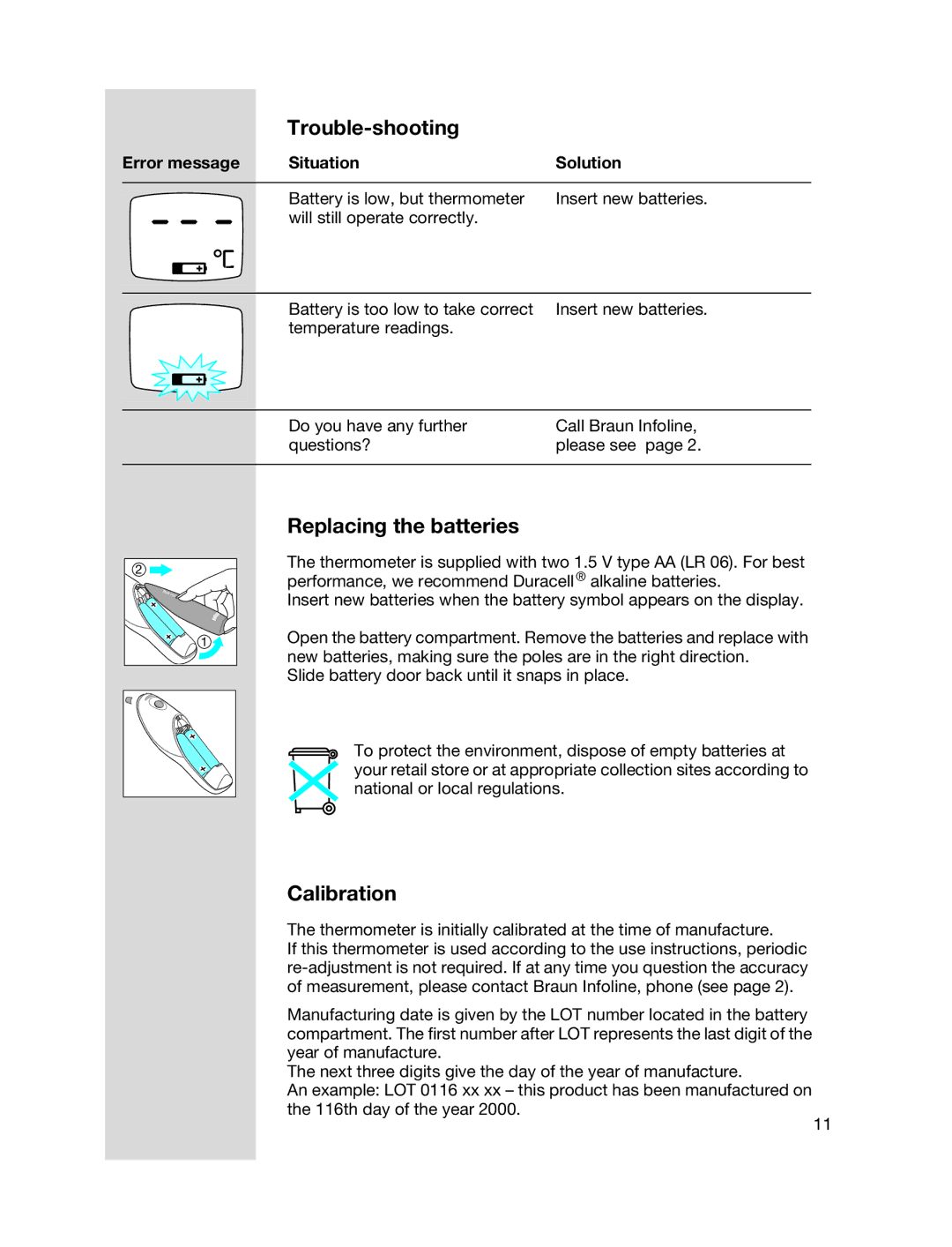 Braun IRT4020 manual Replacing the batteries, Calibration, Situation Solution 