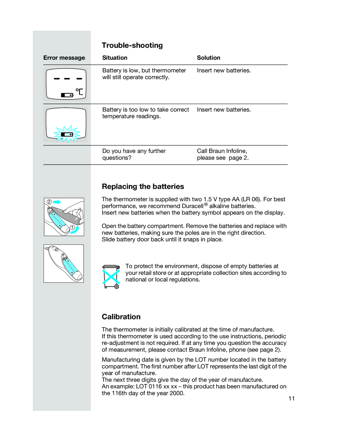 Braun IRT4520 manual Replacing the batteries, Calibration 