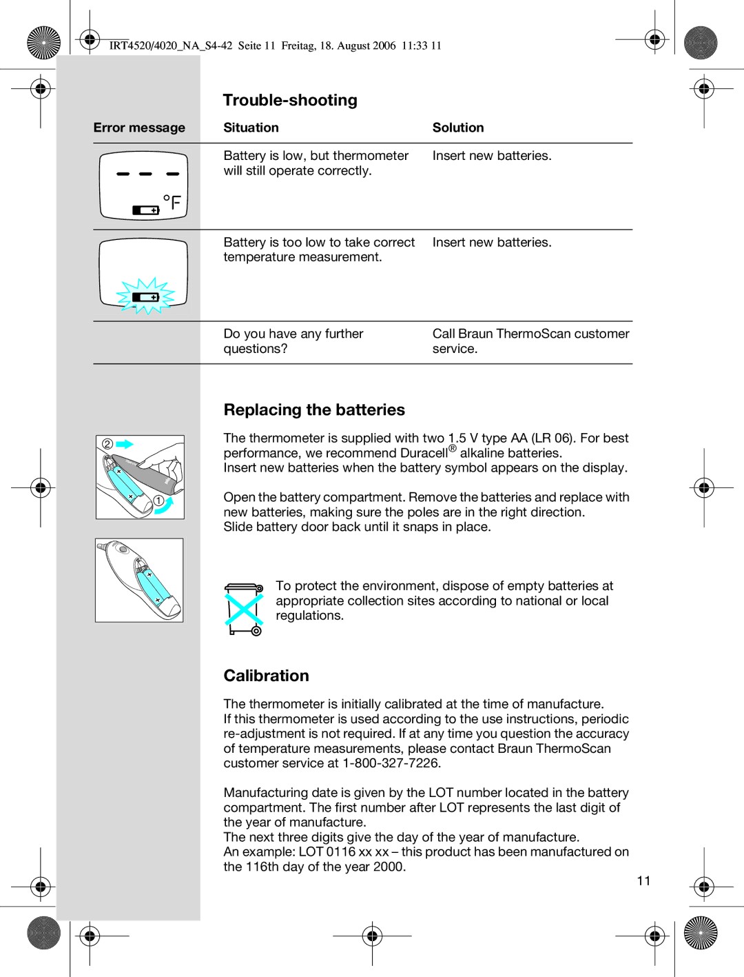 Braun IRT4520USSM manual Replacing the batteries, Calibration, Situation Solution 