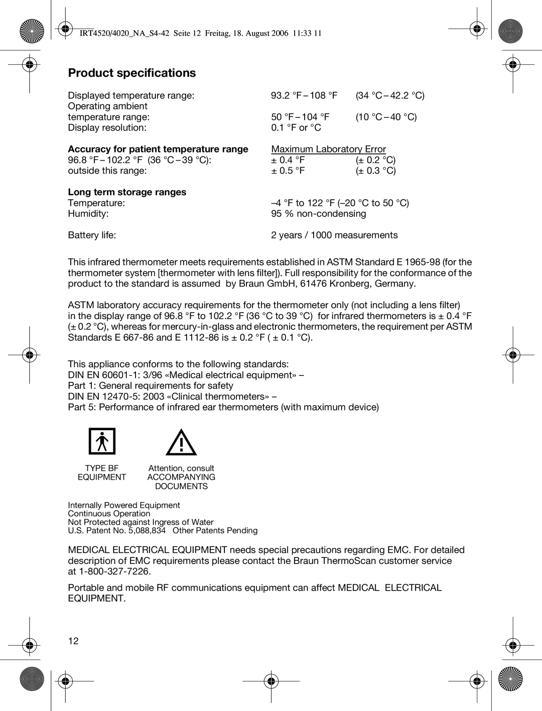 Braun IRT4520USSM manual Product specifications, Accuracy for patient temperature range, Long term storage ranges 