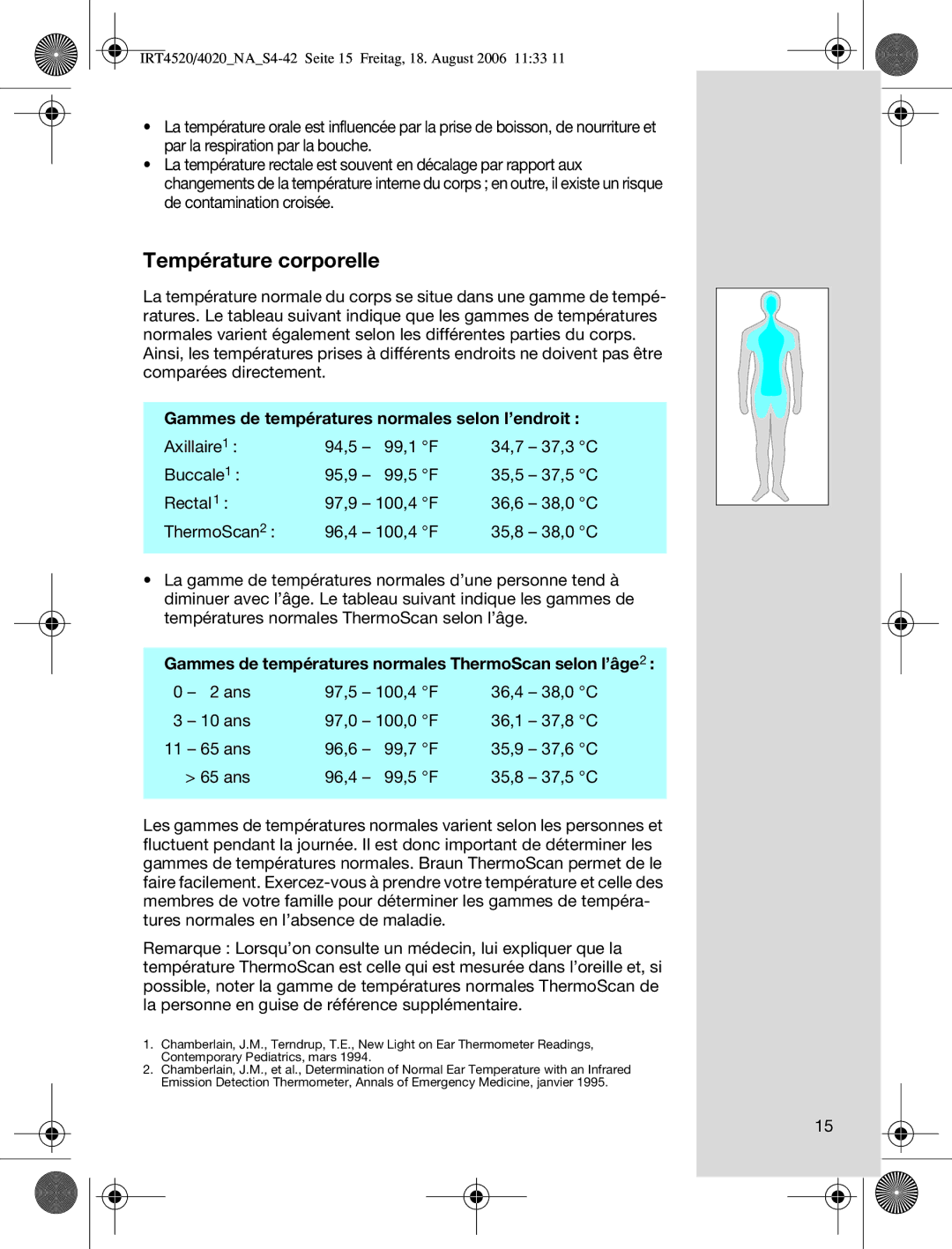 Braun IRT4520USSM manual Température corporelle, Gammes de températures normales selon l’endroit 