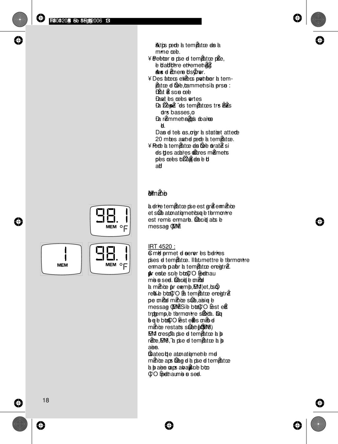 Braun IRT4520USSM manual Mode mémoire 