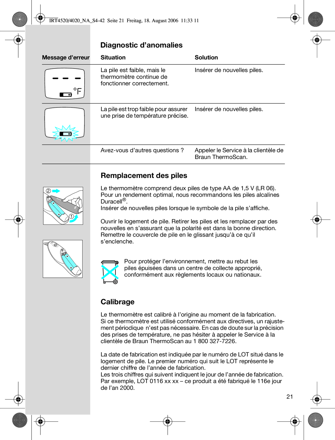 Braun IRT4520USSM manual Remplacement des piles, Calibrage, Message d’erreur Situation Solution 