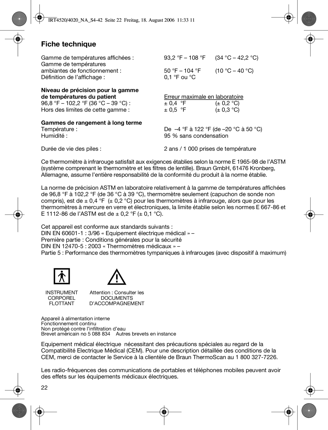 Braun IRT4520USSM manual Fiche technique, Gammes de rangement à long terme 