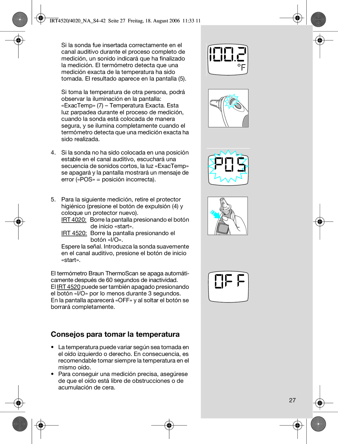 Braun IRT4520USSM manual Consejos para tomar la temperatura 