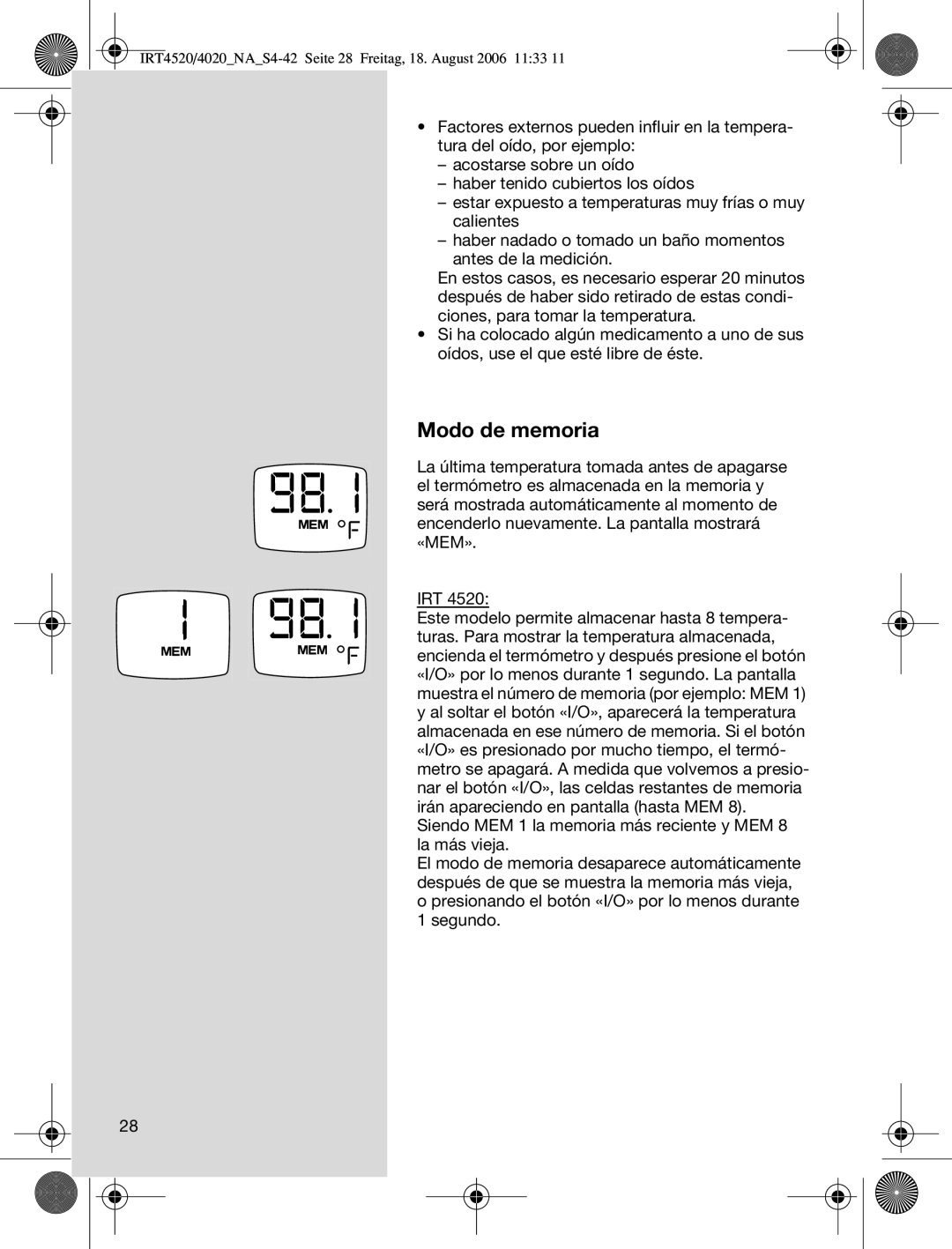 Braun IRT4520USSM manual Modo de memoria 