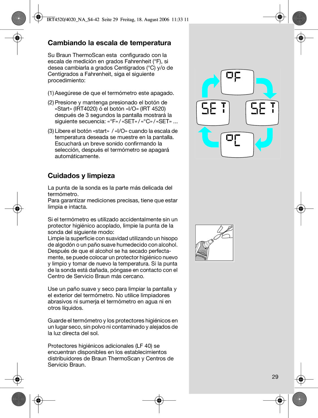 Braun IRT4520USSM manual Cambiando la escala de temperatura, Cuidados y limpieza 