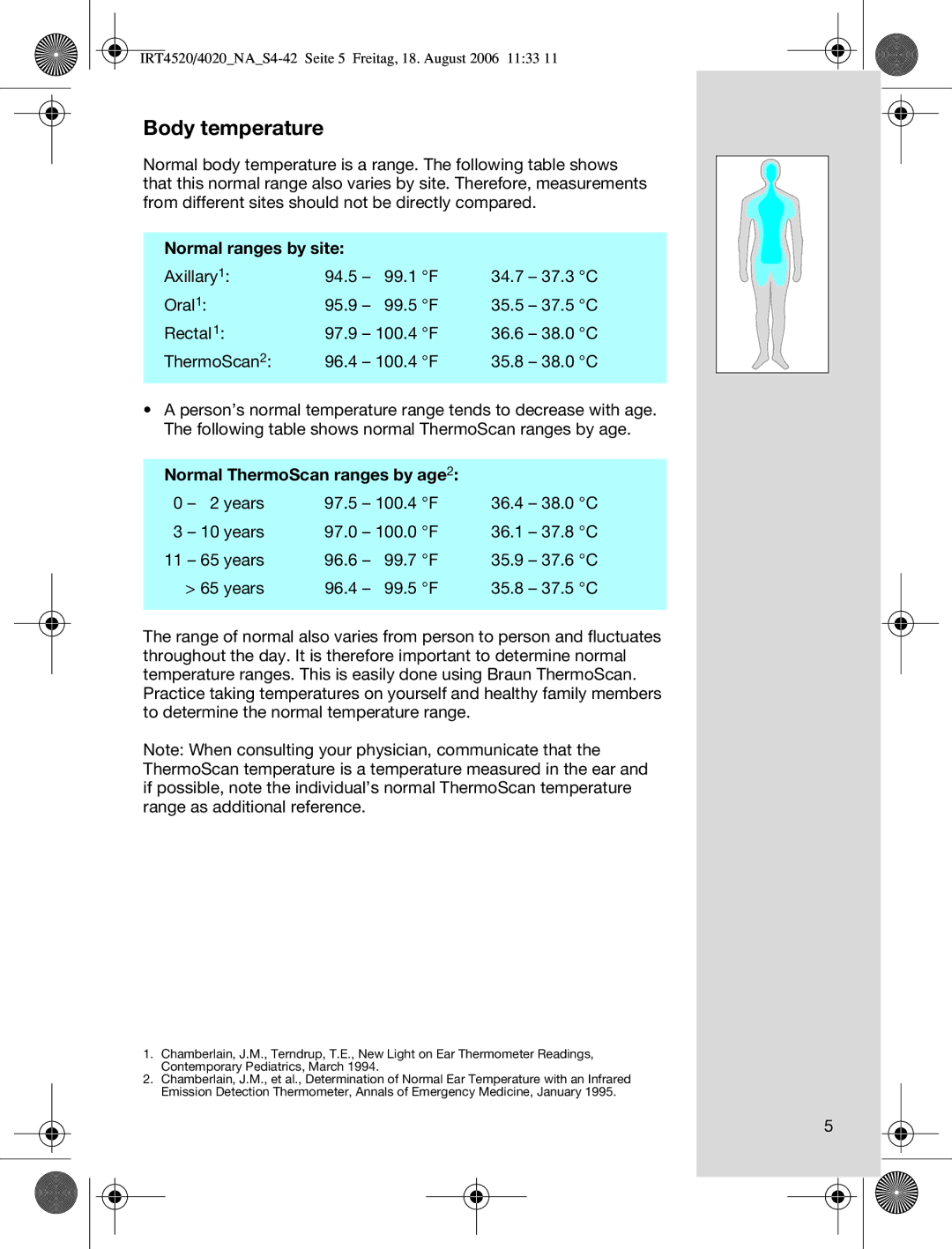 Braun IRT4520USSM manual Body temperature, Normal ranges by site, Normal ThermoScan ranges by age2 