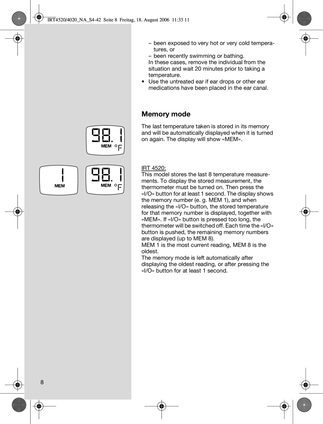 Braun IRT4520USSM manual Memory mode 