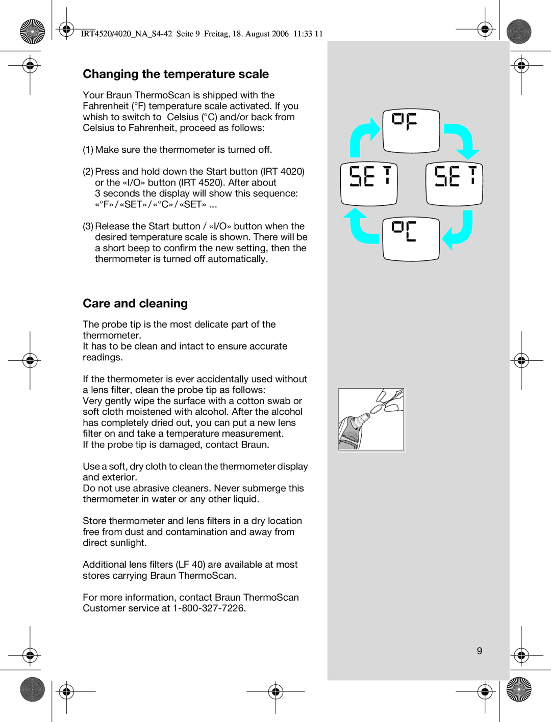 Braun IRT4520USSM manual Changing the temperature scale, Care and cleaning 