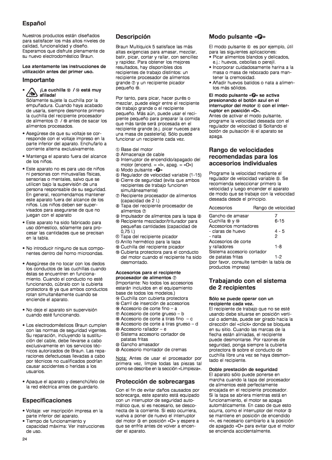Braun K 700 black manual Español, Importante, Especificaciones, Descripción, Protección de sobrecargas, Modo pulsante «P» 