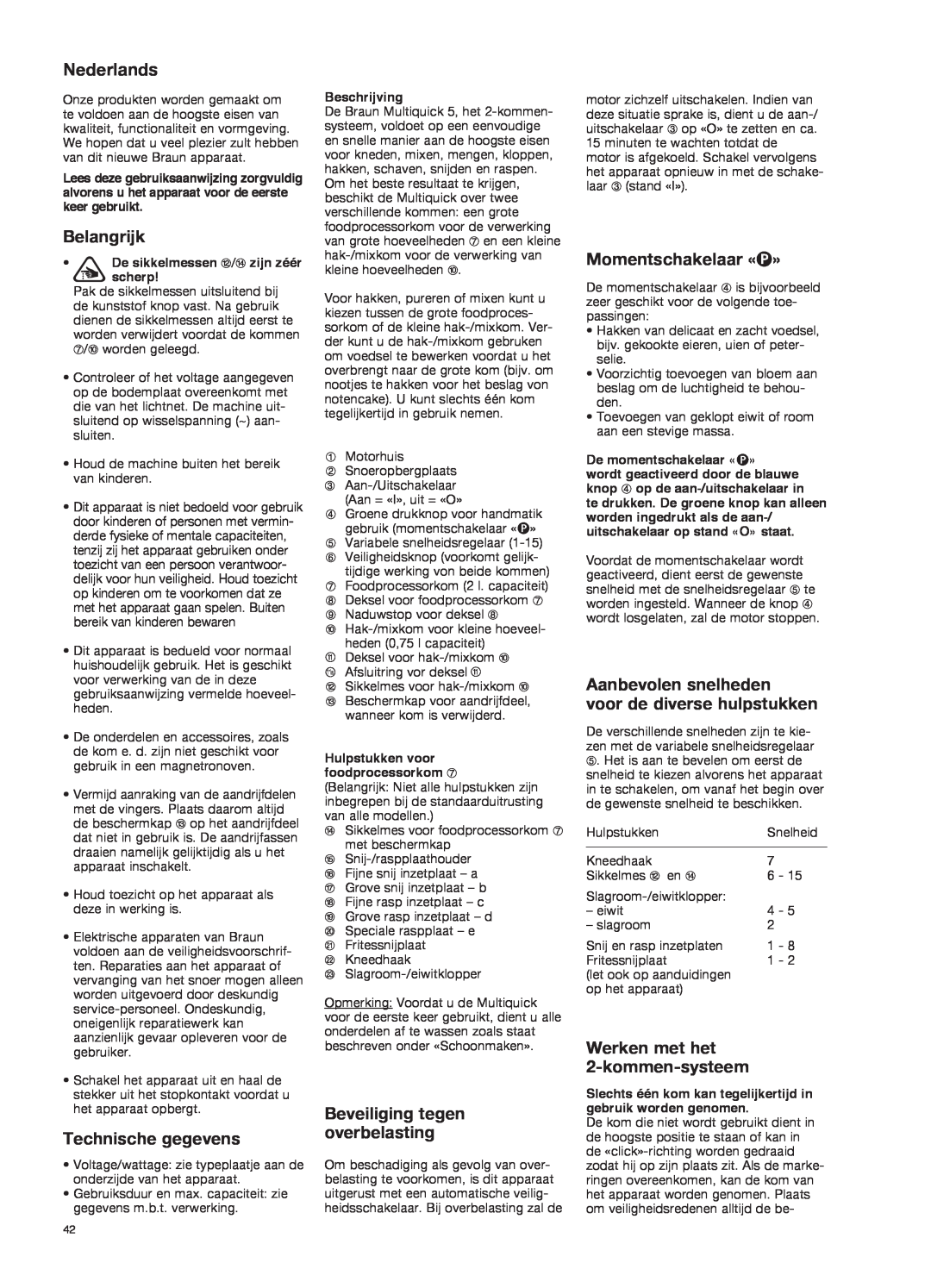 Braun K 700 black manual Nederlands, Belangrijk, Technische gegevens, Beveiliging tegen overbelasting, Momentschakelaar «P» 