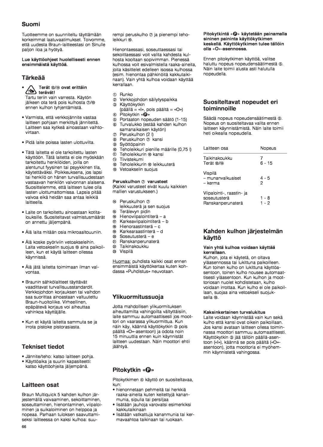 Braun K 700 black manual Suomi, Tärkeää, Tekniset tiedot, Laitteen osat, Ylikuormitussuoja, Pitokytkin «P» 
