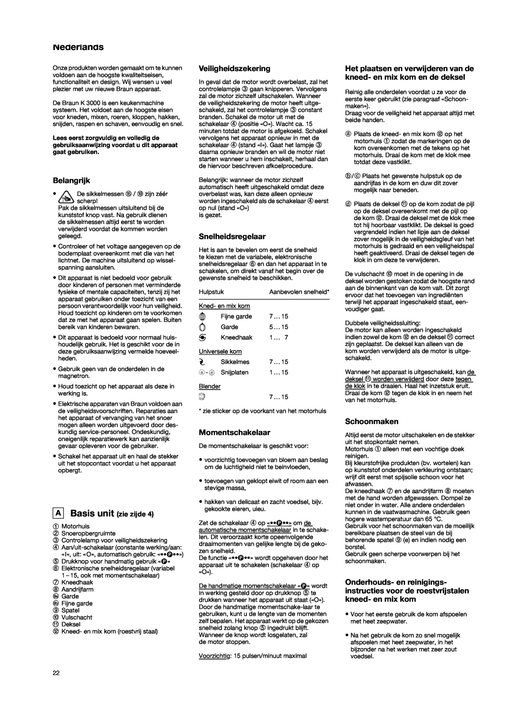 Braun K3000 manual Nederlands, Belangrijk, Veiligheidszekering, Snelheidsregelaar, Momentschakelaar, Schoonmaken 