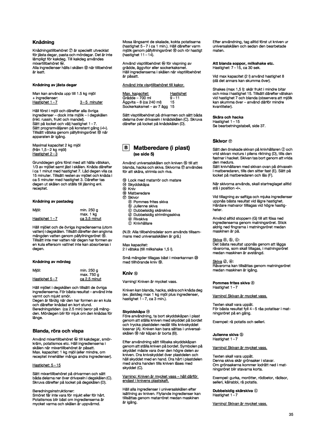 Braun K3000 manual B Matberedare i plast, Knådning, Blanda, röra och vispa, Kniv o, Skivor q, se side 