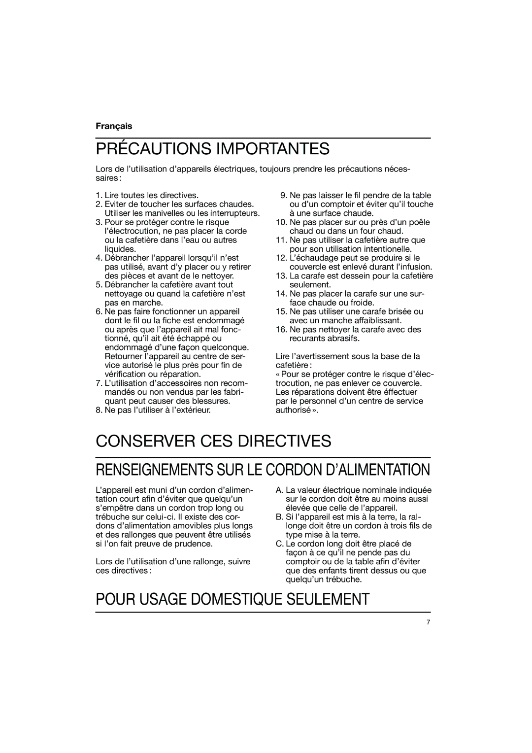 Braun KF 157, KF 152, KF 140 AUTO-OFF warranty Précautions Importantes, Français 