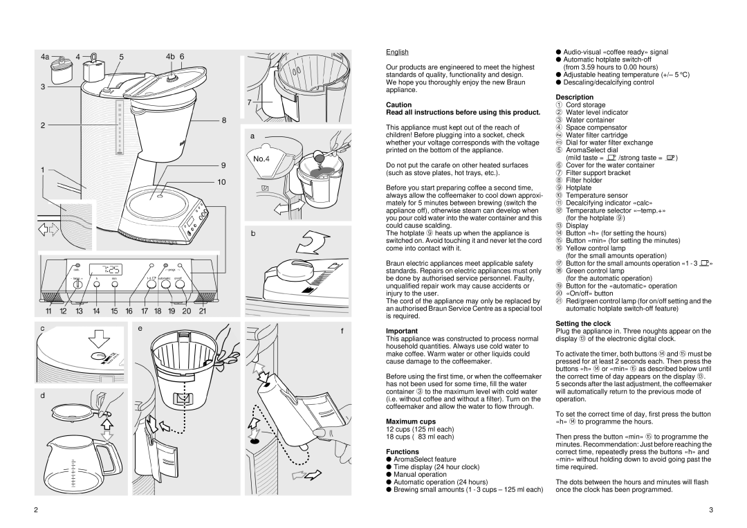 Braun KF 185 Read all instructions before using this product, Maximum cups, Functions, Description, Setting the clock 