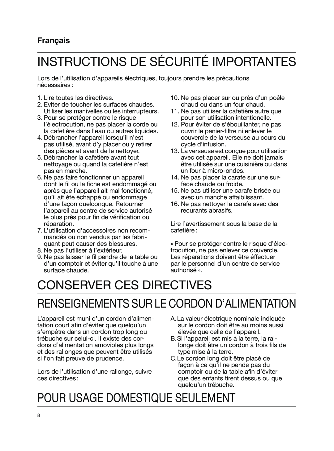 Braun KF510 Conserver Ces Directives, Pour Usage Domestique Seulement, Français, Instructions De Sécurité Importantes 