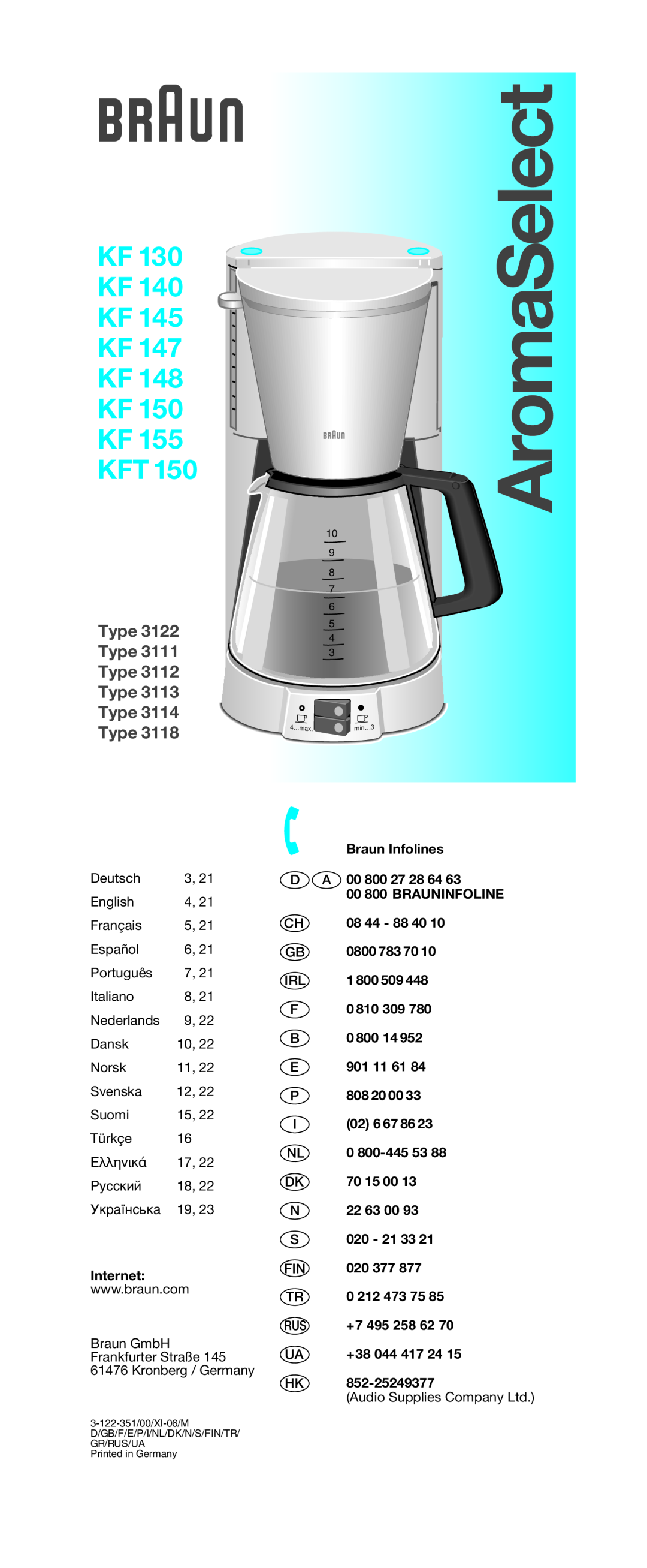 Braun KF 155, KFT 150, KF 150, KF 148, KF 145, kf 140, KF 130, KF 147 manual AromaSelect, Type Type Type Type Type Type, +7 