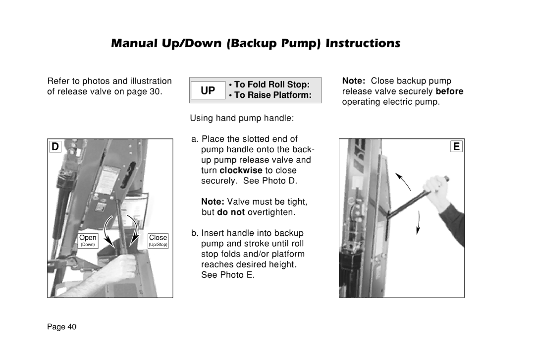 Braun L200UARS manual To Fold Roll Stop, To Raise Platform 