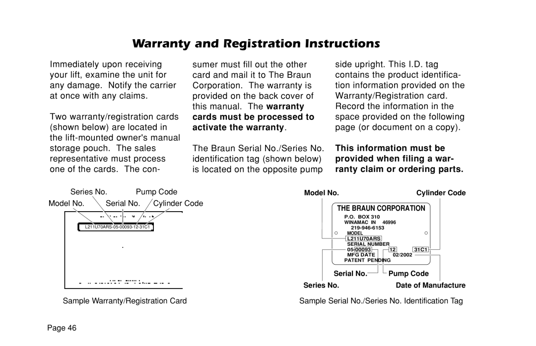 Braun L200UARS manual Warranty and Registration Instructions, Braun Corporation 