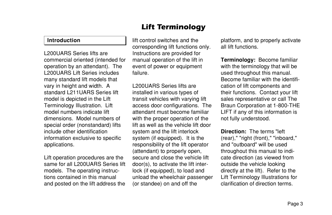 Braun L200UARS manual Lift Terminology, Introduction 