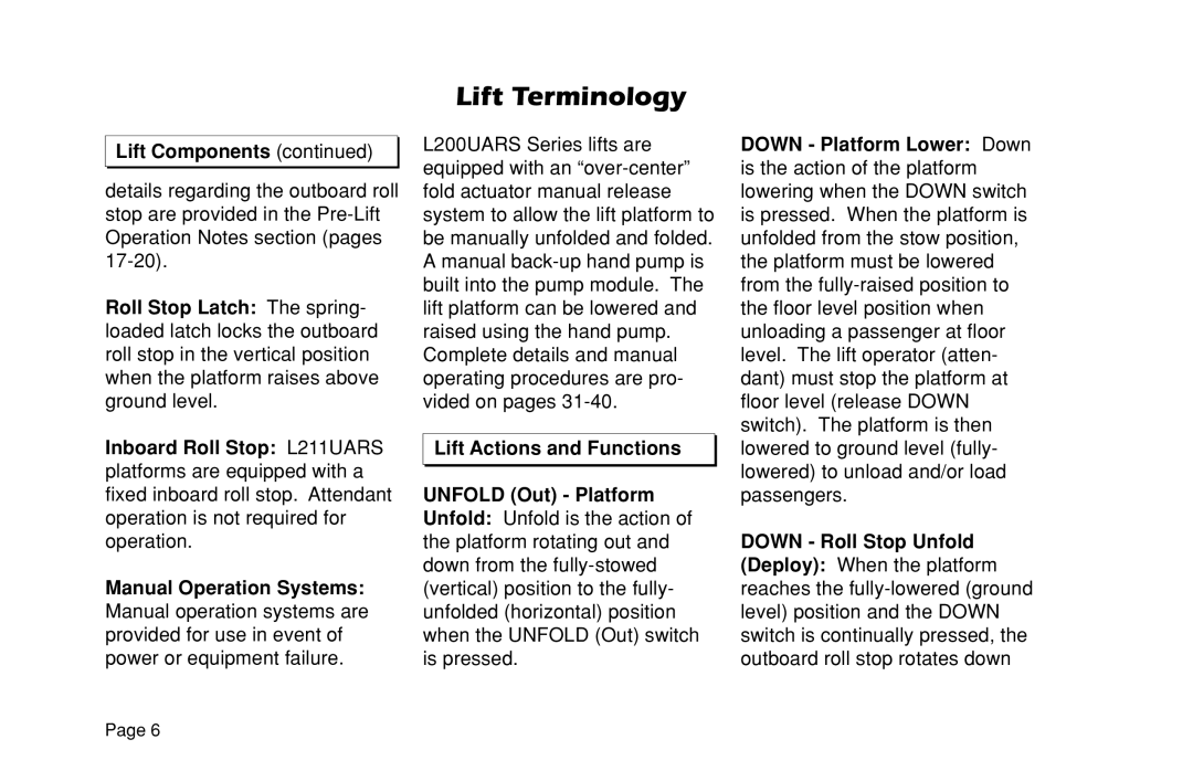 Braun L200UARS manual Lift Terminology 