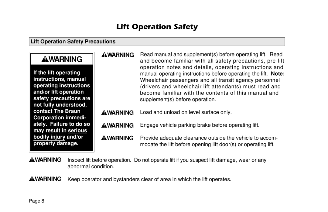 Braun L955 manual Lift Operation Safety Precautions 