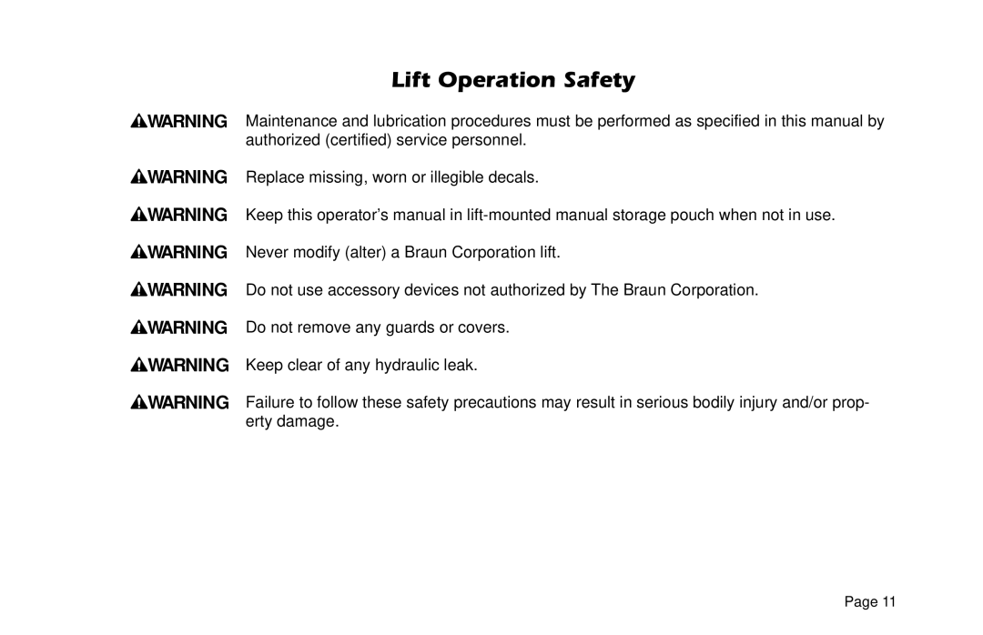 Braun L955 manual Lift Operation Safety 