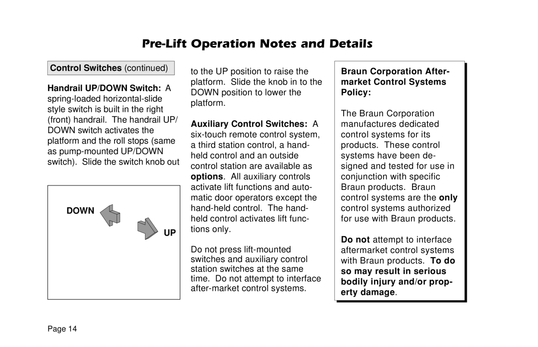 Braun L955 manual Down, Braun Corporation After- market Control Systems Policy 