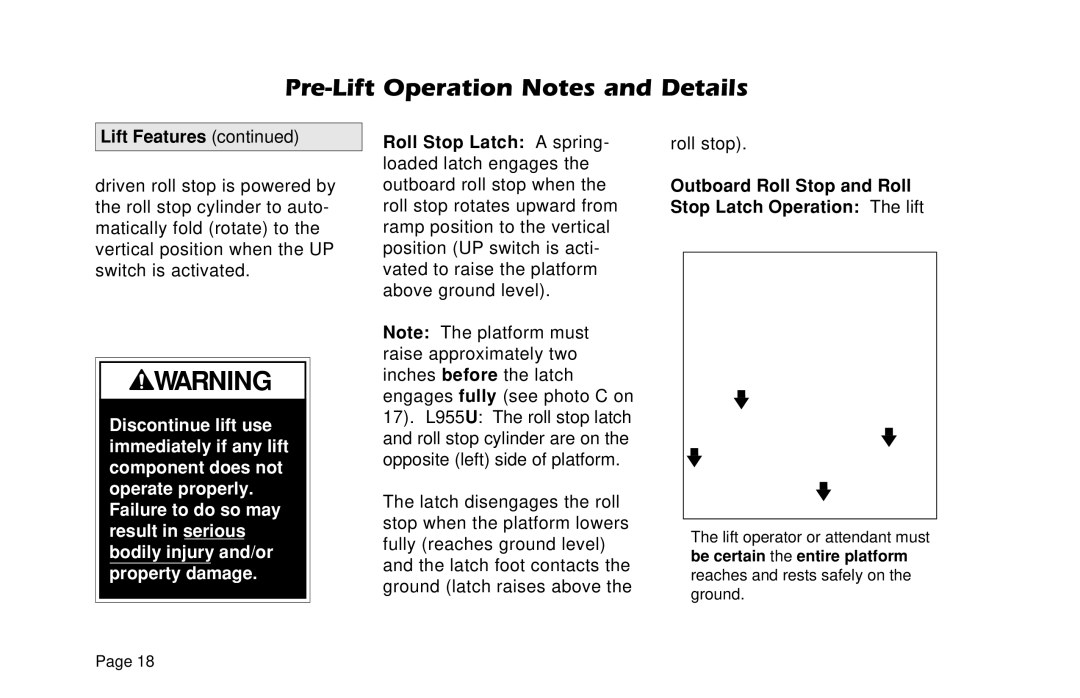 Braun L955 manual Outboard Roll Stop and Roll Stop Latch Operation The lift 