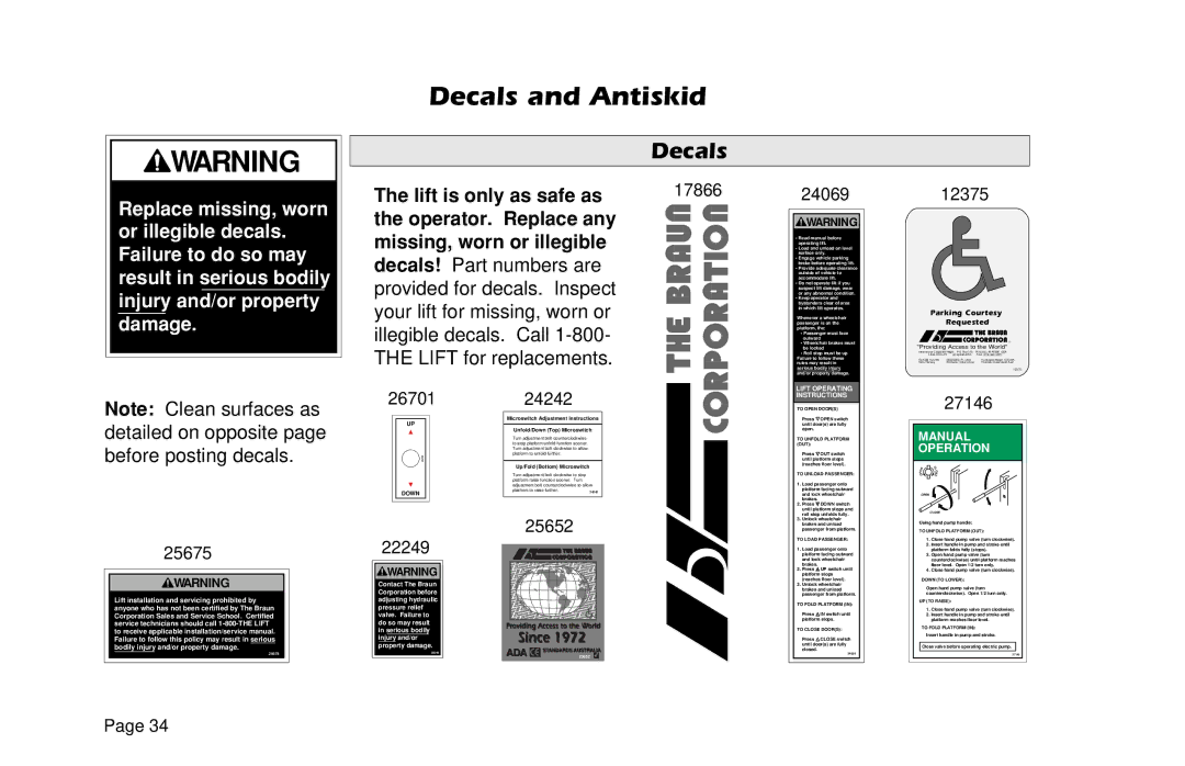 Braun L955 manual Decals and Antiskid, Lift is only as safe as 