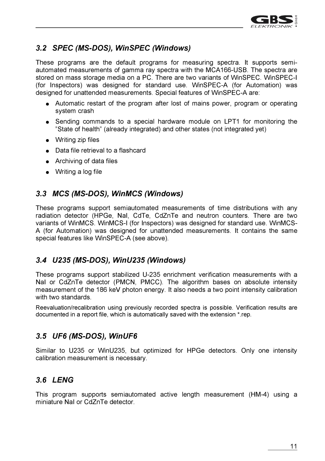 Braun MCA166-USB user manual Spec MS-DOS, WinSPEC Windows, MCS MS-DOS, WinMCS Windows, U235 MS-DOS, WinU235 Windows, Leng 