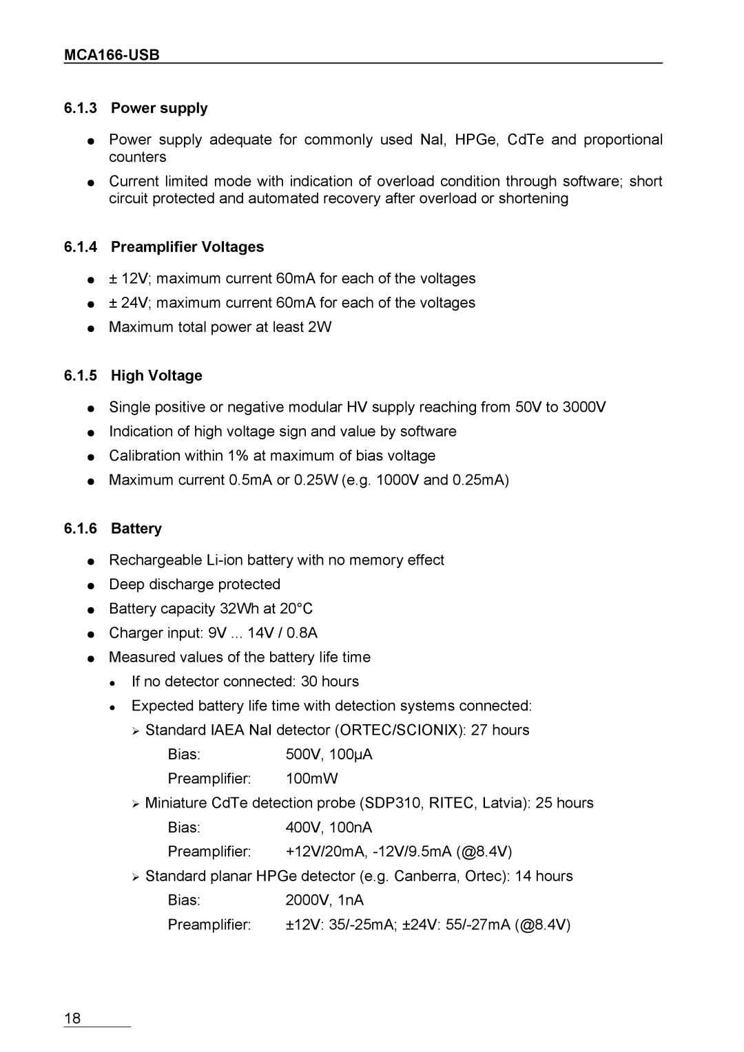 Braun MCA166-USB user manual Power supply, Preamplifier Voltages, High Voltage, Battery 