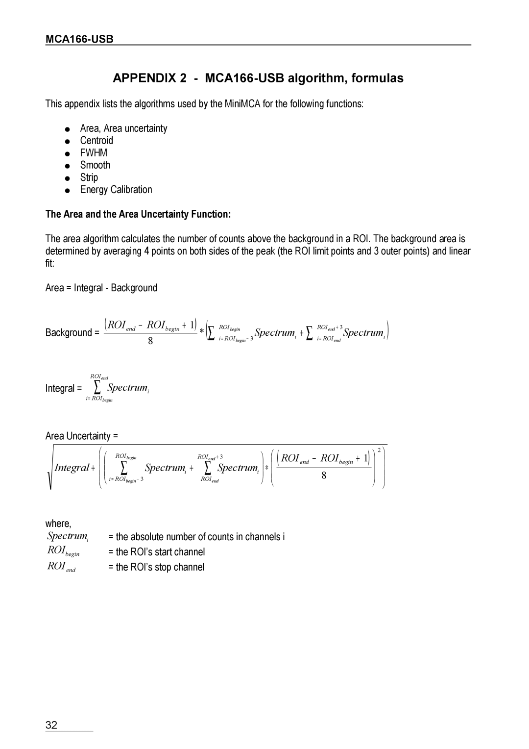 Braun user manual Appendix 2 MCA166-USB algorithm, formulas, Area and the Area Uncertainty Function 