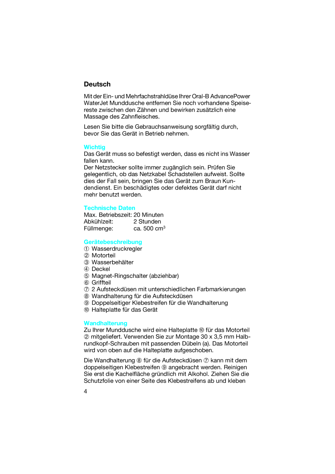 Braun MD 31 manual Deutsch, Wichtig, Technische Daten, Gerätebeschreibung, Wandhalterung 