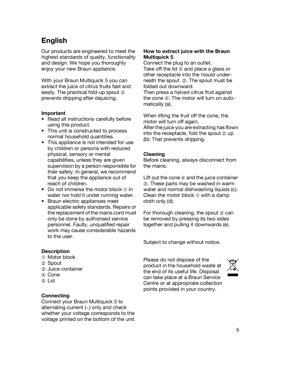 Braun MPZ 22 manual English, Description, Connecting, How to extract juice with the Braun Multiquick, Cleaning 