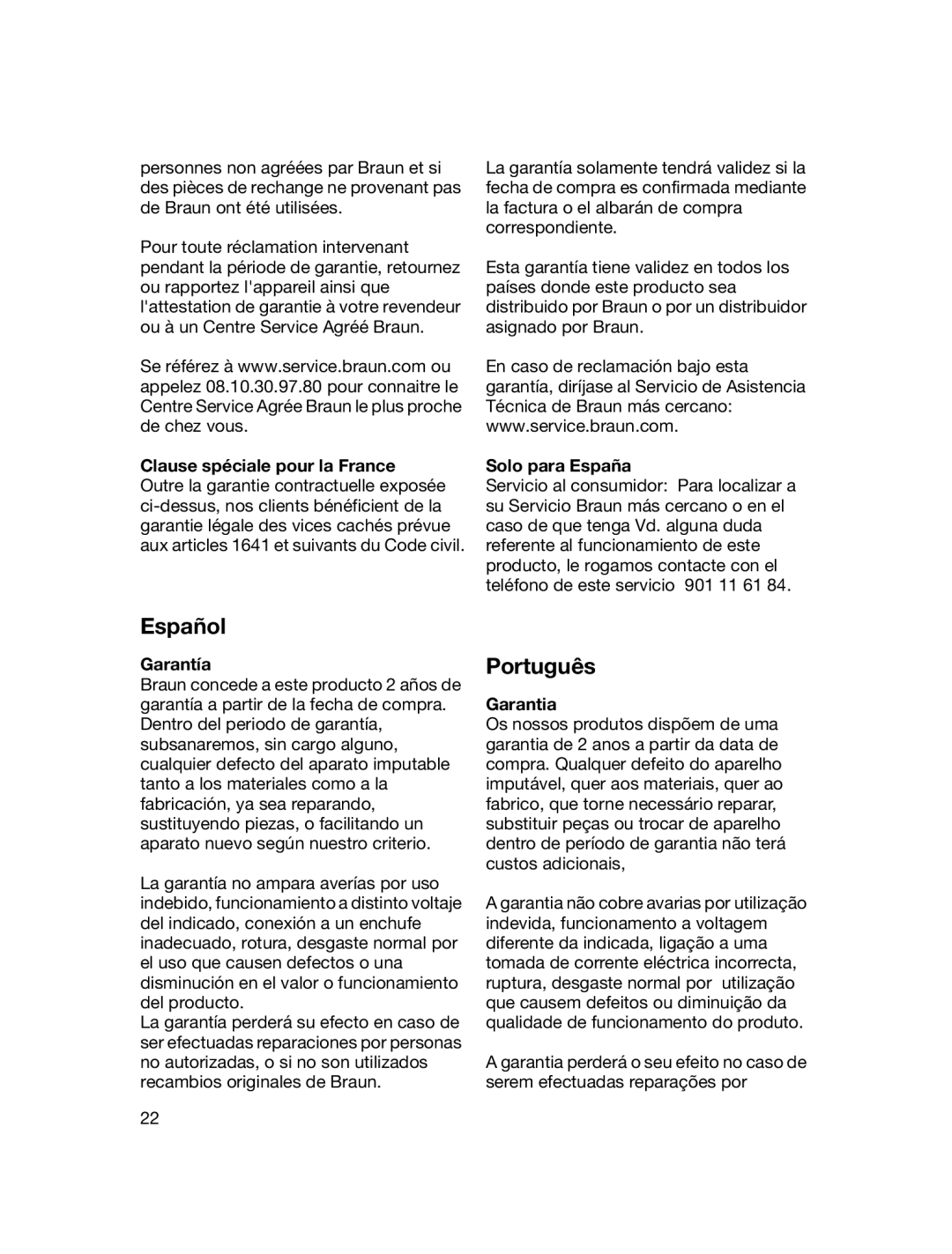 Braun MPZ 22 manual Español, Português, Solo para España, Garantía, Garantia 