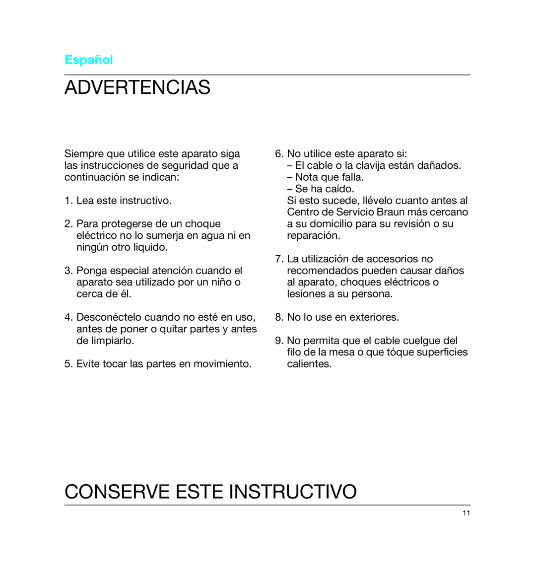 Braun 4161, MPZ6 manual Advertencias, Conserve Este Instructivo, Español 