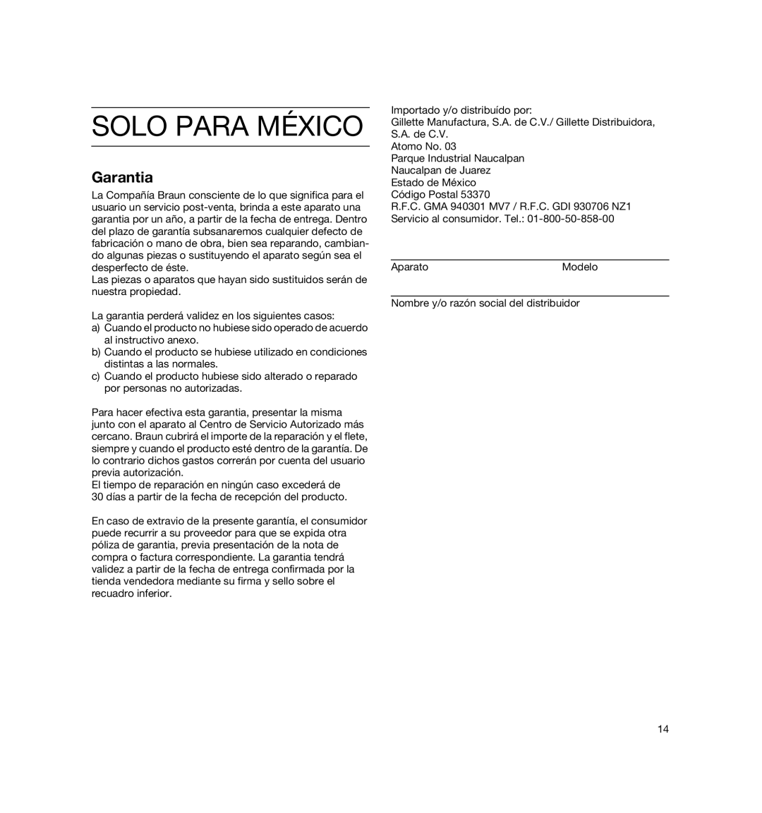 Braun MPZ6, 4161 manual Solo Para México, Garantia 