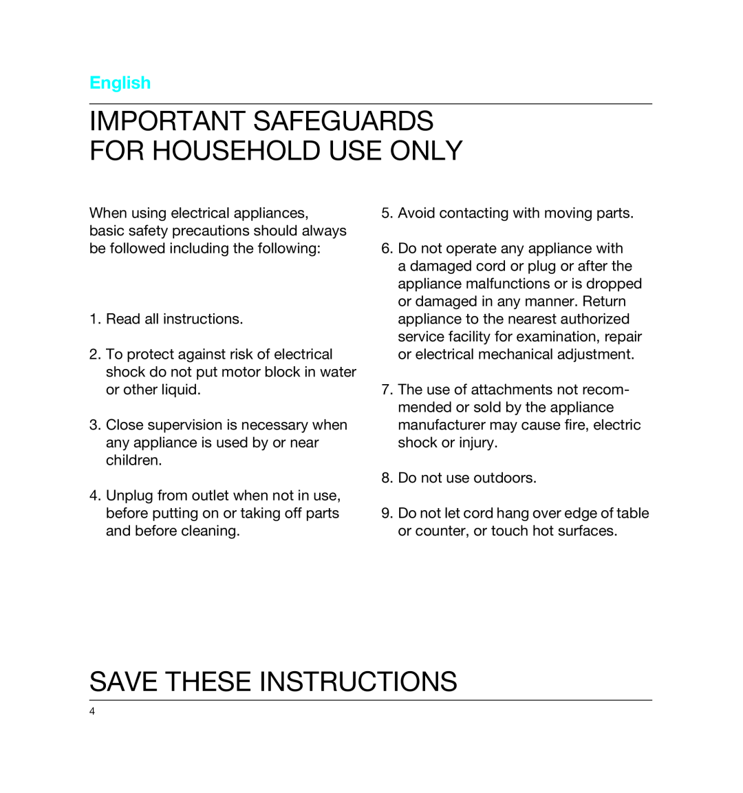 Braun MPZ6, 4161 manual Save These Instructions, Important Safeguards For Household Use Only, English 