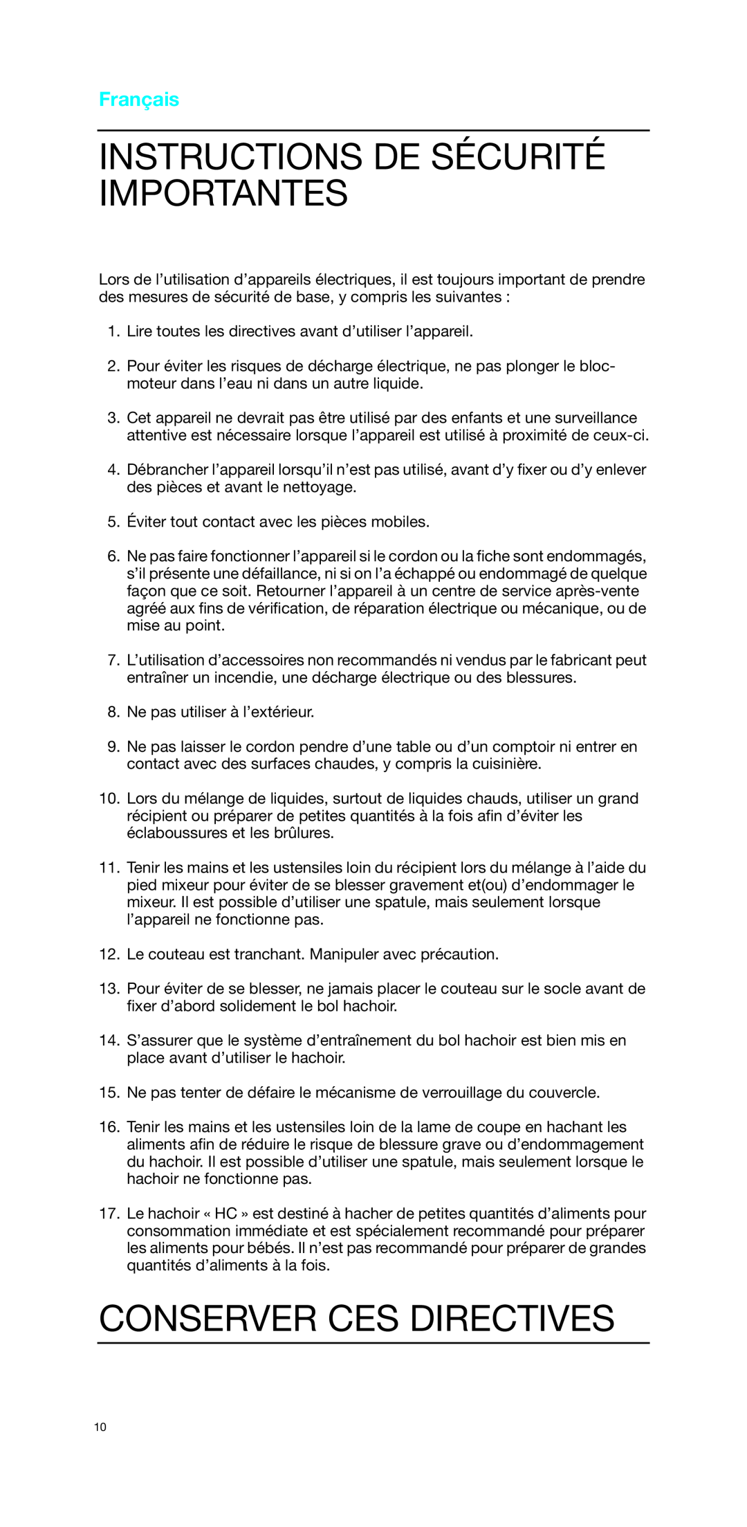 Braun MR 4050 MCA manual Instructions De Sécurité Importantes, Conserver Ces Directives, Français 