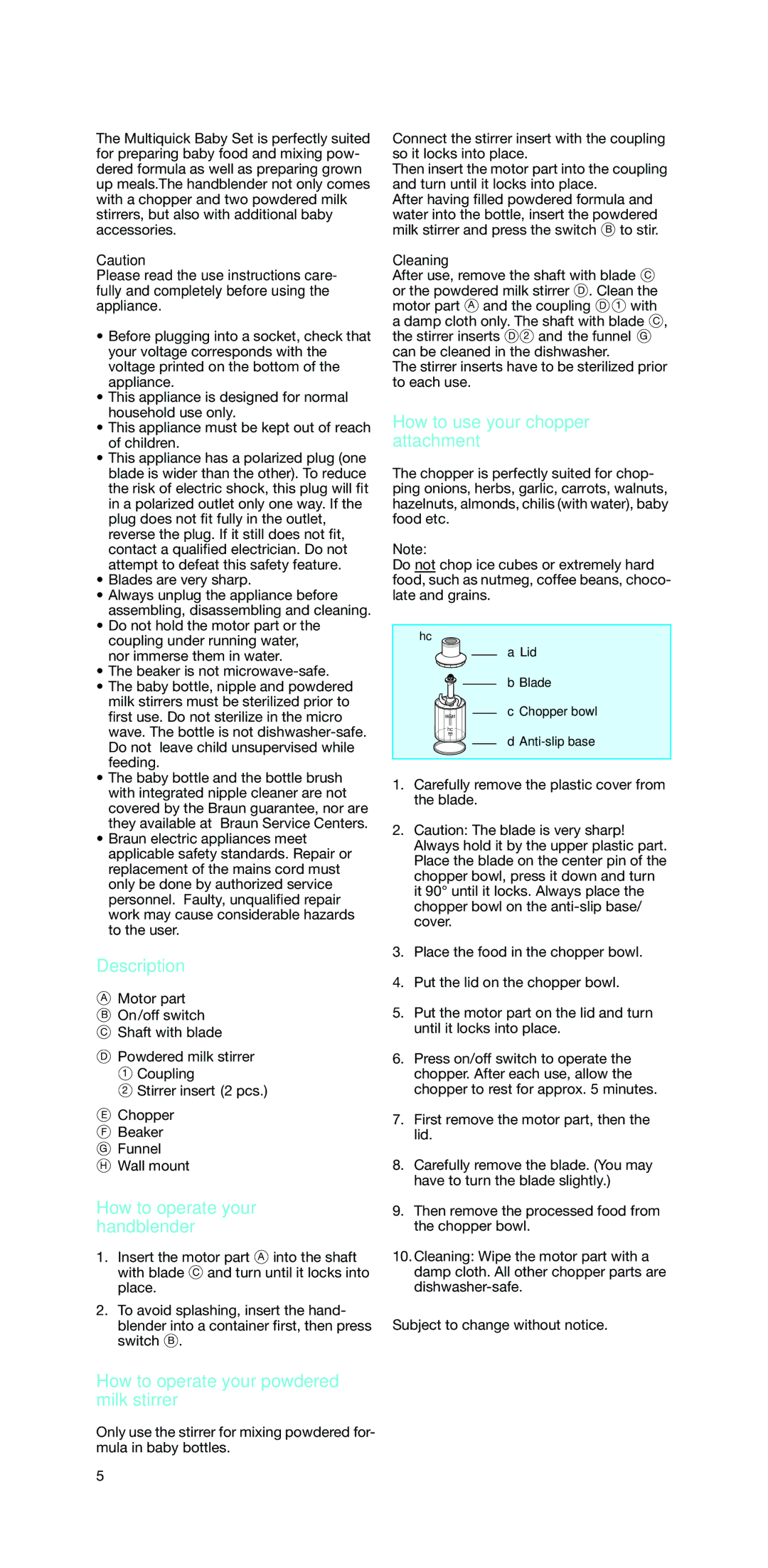 Braun MR 440 HC manual Description, How to operate your handblender, How to operate your powdered milk stirrer, Cleaning 