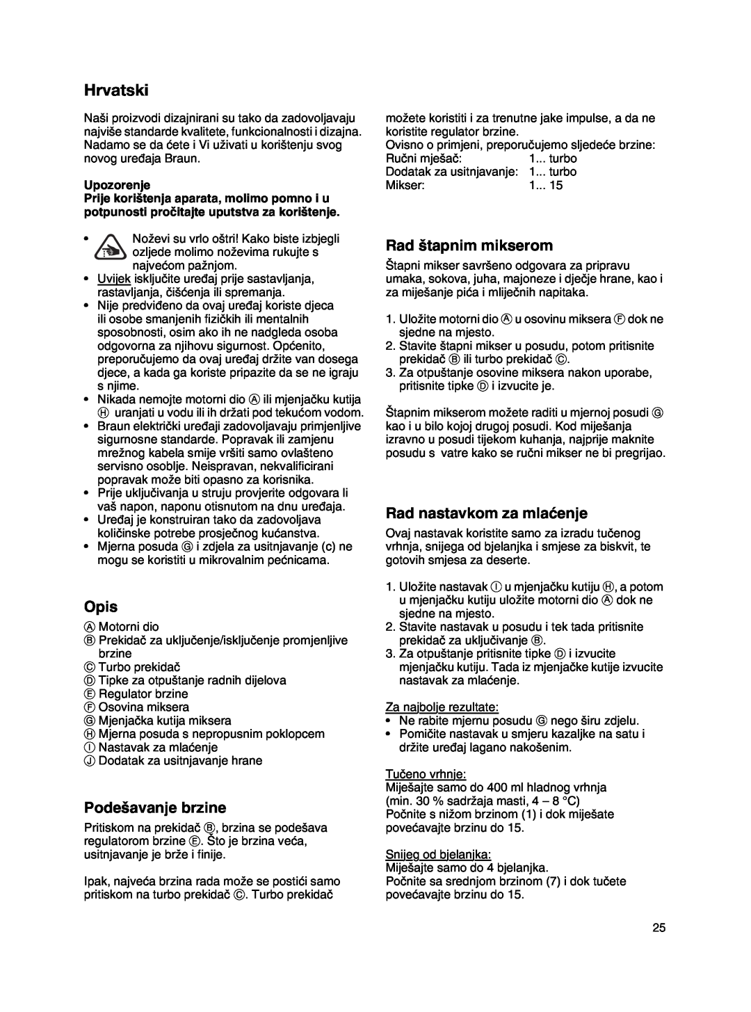 Braun MR 500 manual Hrvatski, Opis, Pode‰avanje brzine, Rad ‰tapnim mikserom, Rad nastavkom za mlaçenje, Upozorenje 