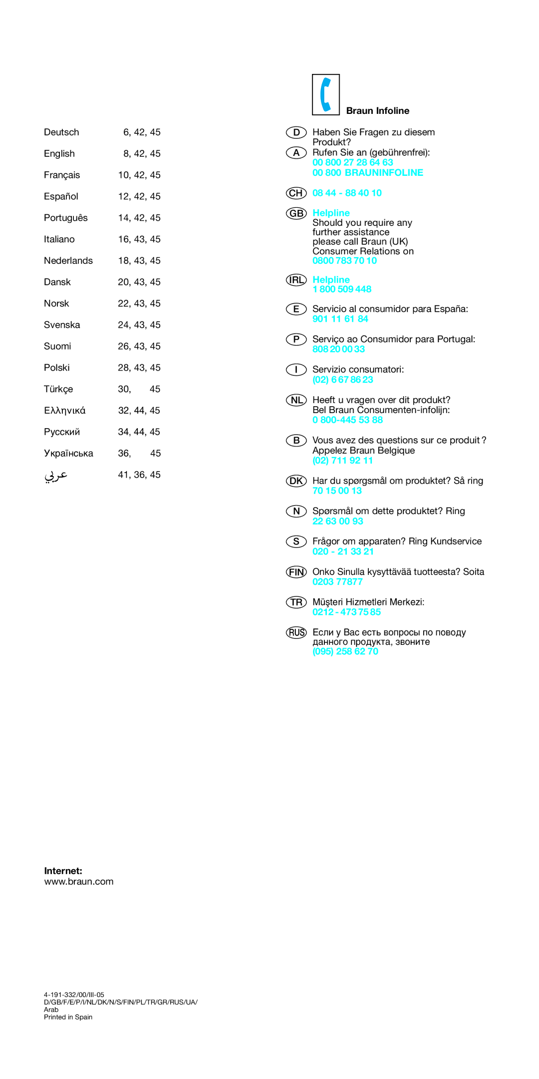 Braun MR 5500 BC, MR 5550 BC-HC, MR 5550 M BC-HC manual Internet Braun Infoline, 00 800 Brauninfoline 