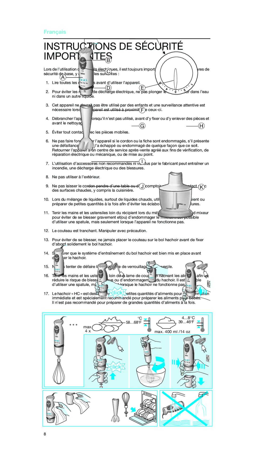 Braun MR 5550 CA manual Instructions DE Sécurité Importantes 