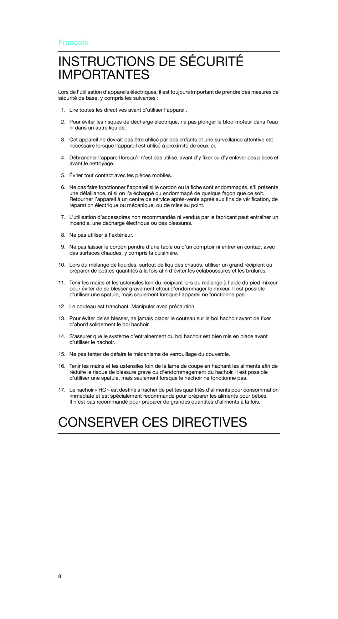 Braun MR 5550 CA manual Instructions De Sécurité Importantes, Conserver Ces Directives, Français 