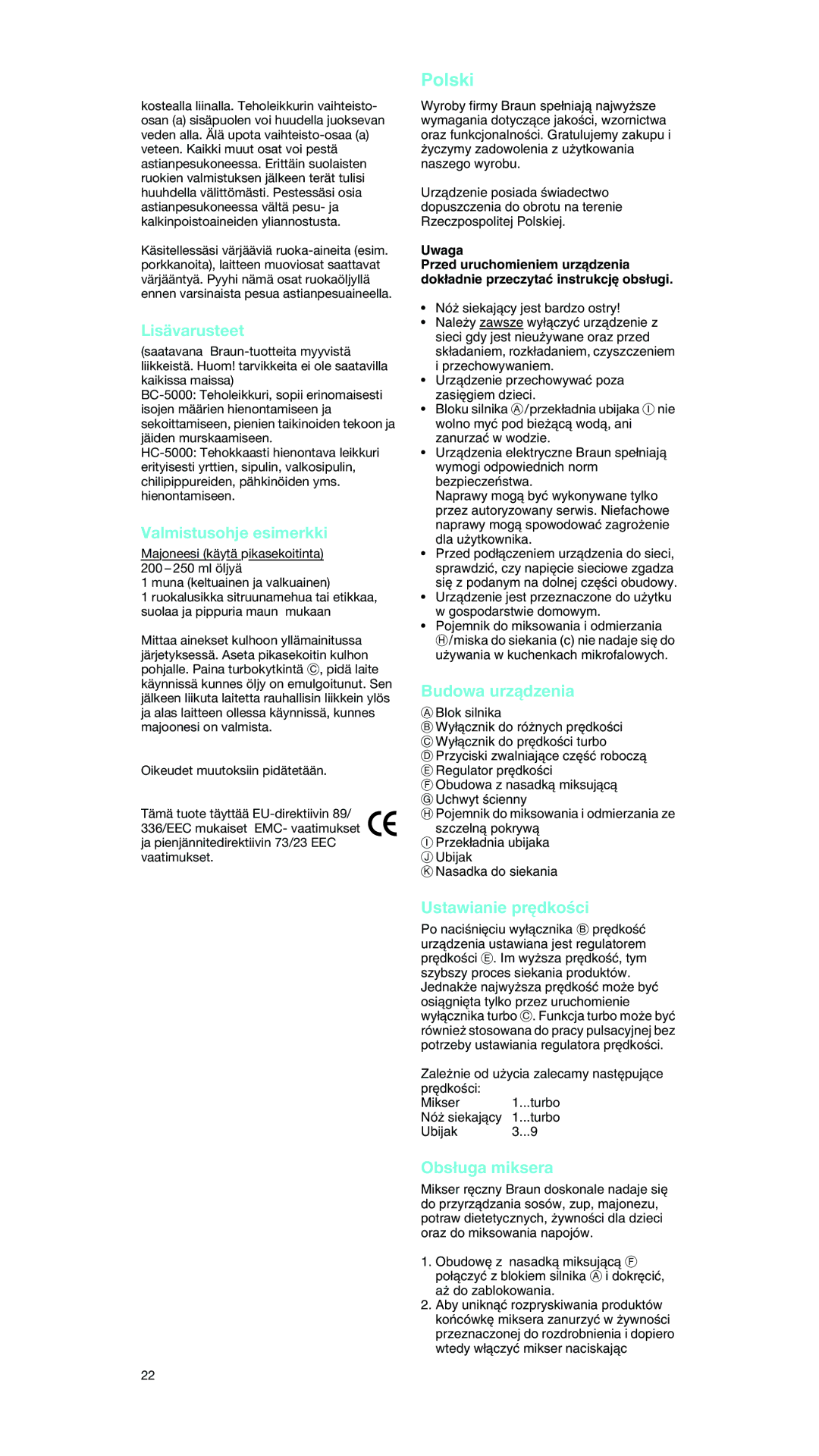 Braun MR 5550 MCA manual Lisävarusteet, Valmistusohje esimerkki, Budowa urzàdzenia, Ustawianie pr´dkoÊci, Obs∏uga miksera 